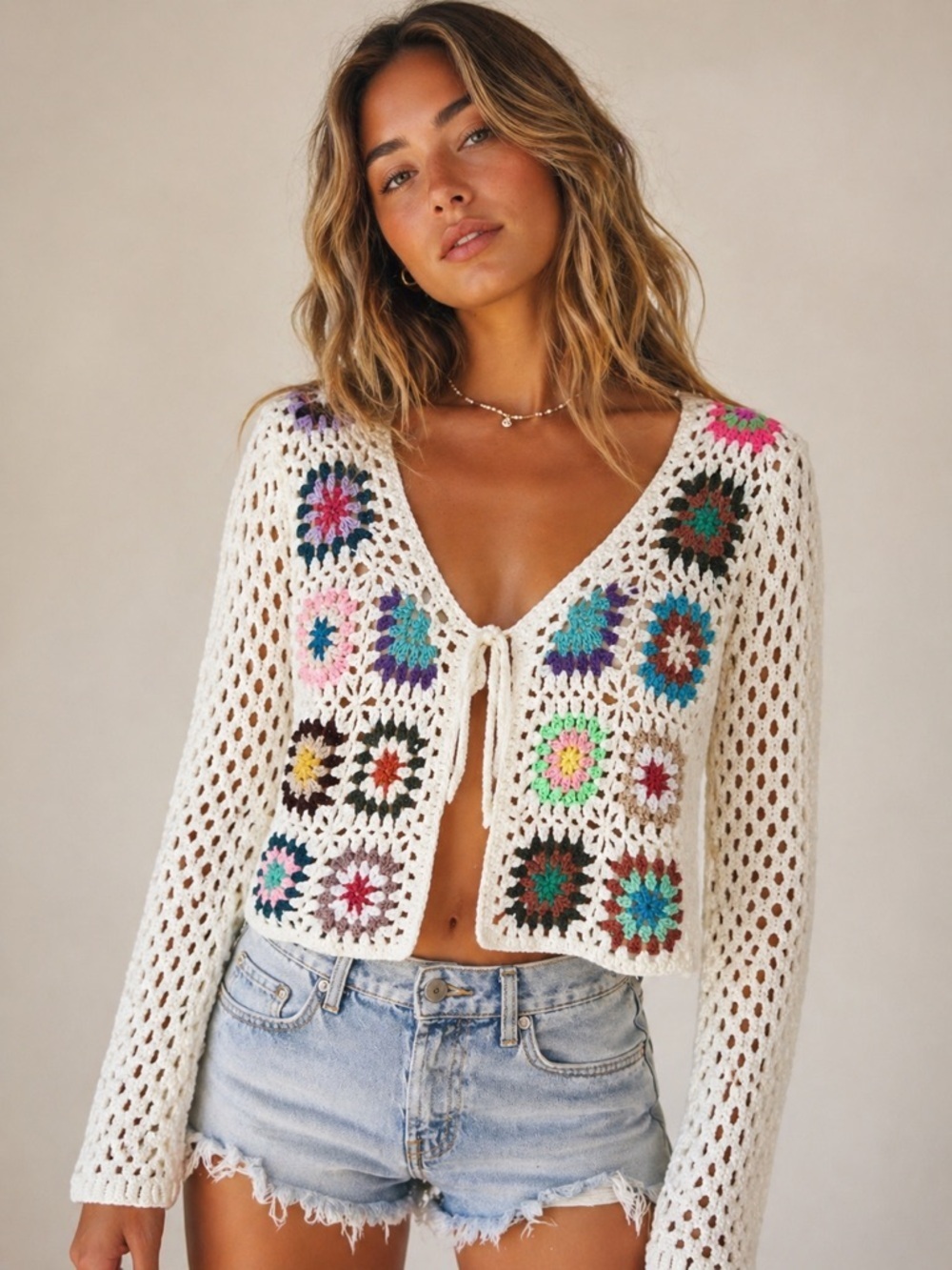 Debut Crochet Cardigan Granny Square Tie Front Boho Festival Sweater S
